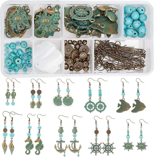 Vista 9 de SUNNYCLUE 1 caja de 9 pares de aretes colgantes de metal huecos bohemios vintage para hacer joyas, kit de iniciación de aleación verde, hoja