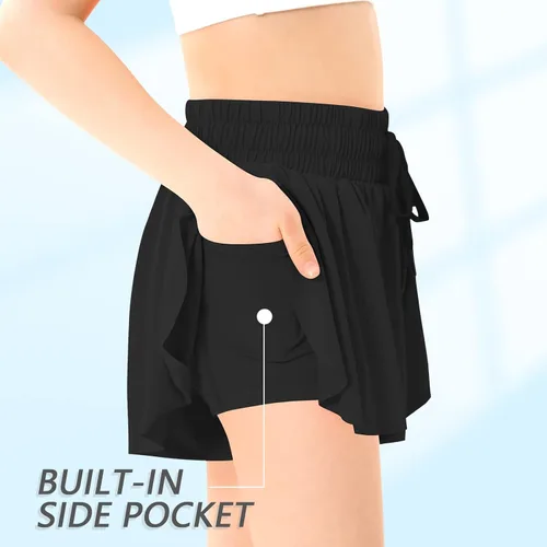 Vista 3 de QooNoo Girls Butterfly Shorts with Pocket Flowy Athletic Shorts High Waist Preppy Running Shorts for Kids Teen