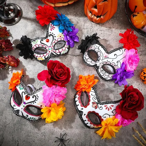 Vista 5 de Leyndo 4 piezas Día de los Muertos Azúcar Medio Calavera Máscara de Ojos Máscara Mexicana Mascarada Máscaras Halloween Cosplay Fancy Dress