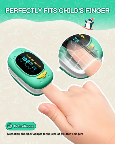 Vista 8 de Oxímetro de pulso para niños, monitor de oxígeno HOLFENRY para bebés, punta de dedo, oxímetro de pulso para niños, pantalla grande, incluida