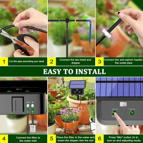 Vista 6 de Kit de sistema de riego por goteo solar con pantalla LCD, 30 modos de trabajo y 10 intervalos de riego, kit de riego por goteo alimentado por