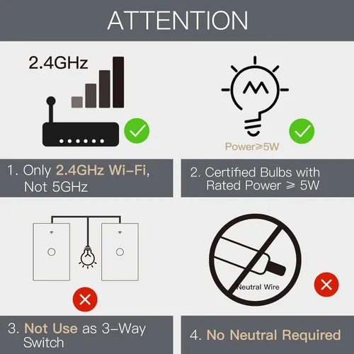 Vista 2 de MOES Smart switch táctil de cable único 2ª generación WiFi RF433, no necesita cable neutro, compatible con Smart Life/Tuya App, Alexa y Google Home