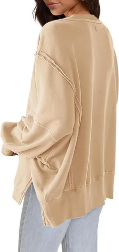 Vista 3 de Nirovien Sudadera de gran tamaño con cuello redondo para mujer, con abertura lateral, manga larga, ajuste holgado