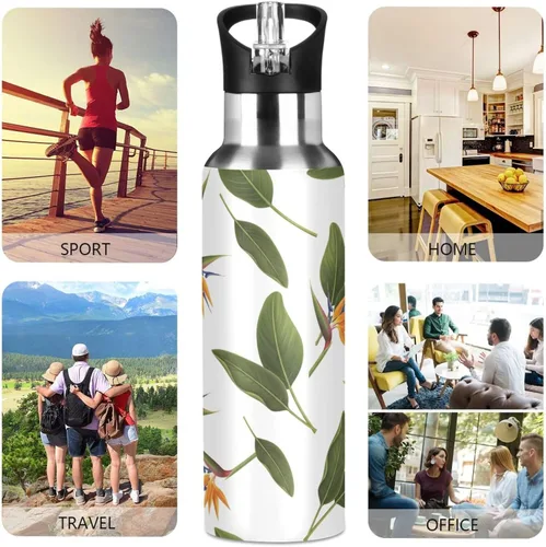 Vista 5 de BPA-Free Sport Water Bottle Insulated 32 Oz, Insulated Water Bottle for Gym Outdoor Travel School, Orange Flowers Green Leaves