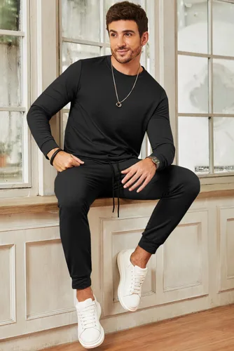 Vista 4 de JMIERR Conjunto de 2 piezas para hombre, sudadera de algodón de color liso, sudadera y pantalones deportivos