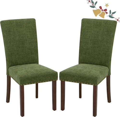 Vista 17 de Juego de 2 sillas tapizadas de tela para comedor, sillas de cocina estilo Parsons con ribete de cabeza de clavo y patas de madera - Beige