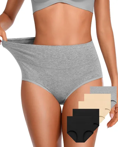 Vista 8 de OUENZ Ropa interior de algodón para mujer, de cintura alta, cobertura completa, calzoncillos posparto, suaves, elásticos, paquete múltiple Negro A