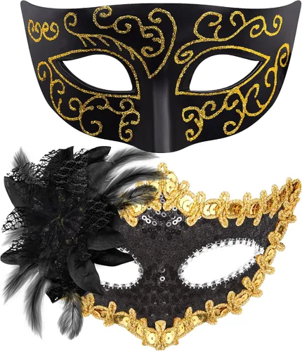 Vista 23 de Juego de Máscaras para Pareja de SIQUK, Máscara de Fiesta Veneciana, Máscara de Disfraz
