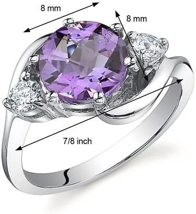 Vista 3 de PEORA Anillo de amatista de 3 piedras para mujer, plata de ley 925, piedra preciosa natural, 1.75 quilates, forma redonda de 0.315 in, tamaños 5 a 9