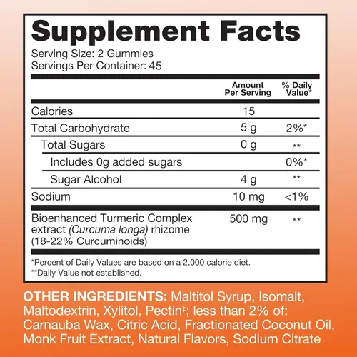 Vista 5 de Qunol - Gomitas de cúrcuma sin azúcar, 500 mg, goma de ultra alta absorción, 90 unidades Gluten Free Supplement that Supports Joint Health and a