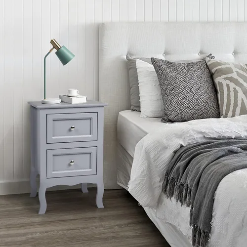 Vista 5 de Juego de 2 mesitas de noche para dormitorios, mesita de noche moderna con 2 cajones, mesa auxiliar de madera para espacios pequeños, sala de estar