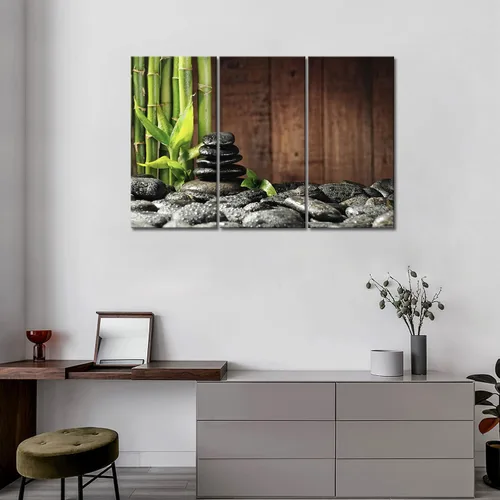Vista 2 de Arte de pared Zen de 3 paneles, lienzo de bambú, color verde, spa, fondo de madera, cuadros impresos en lienzo, cuadro botánico para decoración