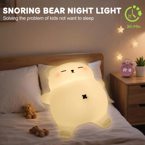 Vista 7 de Luz nocturna de oso para guardería, lámpara de noche de bebé recargable de silicona suave con atenuación de 3 niveles, control táctil, temporizador