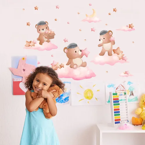 Vista 3 de SUPERDANT Calcomanías de pared de oso rosa, diseño de animales de dibujos animados, nubes, estrellas, luna, despegar y pegar, calcomanías de vinilo