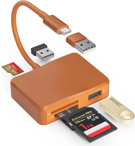 Vista 9 de Lector de tarjetas SD, adaptador de tarjeta USB-C y USB 5 en 1 con SD/MicroSD/MS y puertos USB-A duales, lector de tarjetas de memoria para iPhone