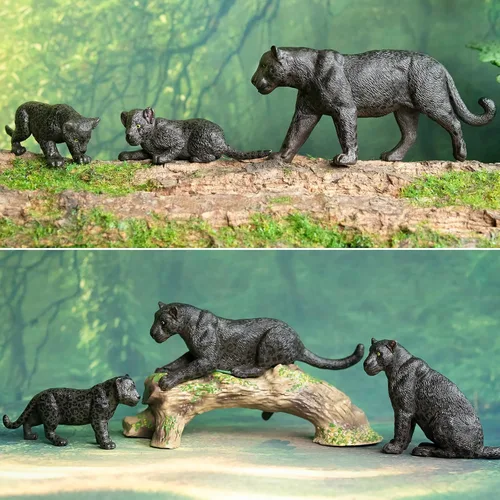 Vista 9 de Toymany 7 Piezas Figuras de Panteras Negras con Cachorro de Pantera y Tronco de Árbol, Figuras Realistas de Animales de la Selva Juego Familiar