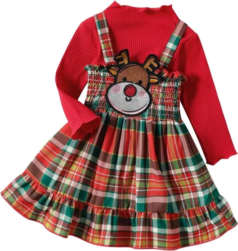 Vista 3 de Vestido de Navidad para niñas pequeñas, con base roja, lazo grande, a cuadros, ropa de bebé