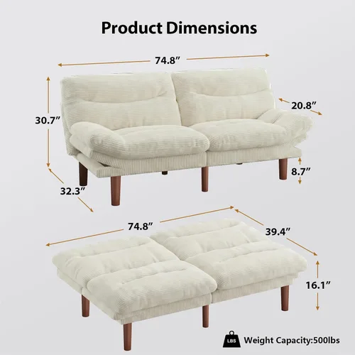 Vista 2 de Pipishell Sofá cama futón de 75 pulgadas con reposabrazos ajustables