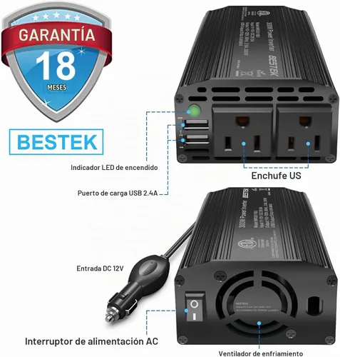 Vista 8 de BESTEK inversor de corriente de 300W de CC 12V a CA 110V, adaptador de carga para automóvil con carcasa de aluminio duradera y puerto de carga