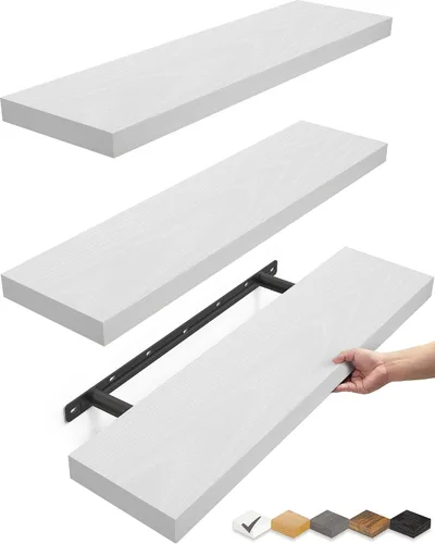 Vista 21 de BAYKA Estantes flotantes para pared, estantes de madera rústica montados en la pared para baño, dormitorio, sala de estar, cocina, estante colgante