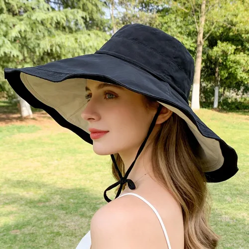 Vista 6 de Sombrero de sol de ala grande para mujer, protección UV, sombrero de pesca para playa, gorra para exteriores Negro/Beige
