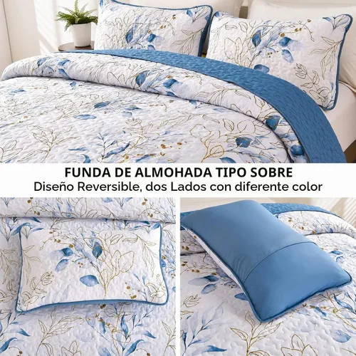 Vista 4 de Anibedding Juego de edredón botánico tamaño Full, 3 piezas reversible, elegante patrón de hojas azules, cubrecama colcha de microfibra suave
