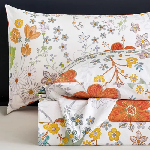 Vista 8 de Zusbest Juego de sábanas florales de 100 % algodón percal, color naranja y amarillo, juego de sábanas suaves y transpirables con diseño botánico