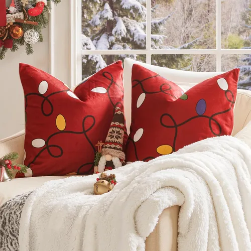Vista 2 de jinchan Fundas de almohada navideñas de 20 x 20 pulgadas, fundas de almohada rojas navideñas con estampado de luces de cascabel, decoración