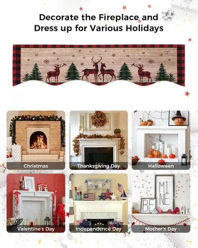 Vista 6 de Bufanda de manto de 70 x 17 pulgadas, diseño de ciervo y árbol de Navidad verde, para chimenea, mantel y mantel de chimenea, camino para Navidad