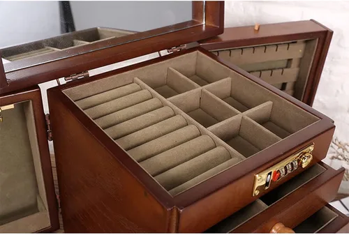 Vista 7 de DYRABREST Joyero organizador de madera con cerradura de combinación con cerradura grande con cerradura para vestidor, contenedor de almacenamiento
