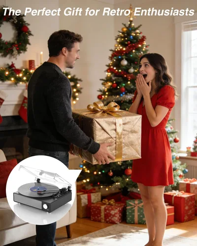 Vista 7 de MONODEAL - Tocadiscos de vinilo con altavoces, tocadiscos de 3 velocidades para discos de vinilo con transmisor Bluetooth, parada automática, salida