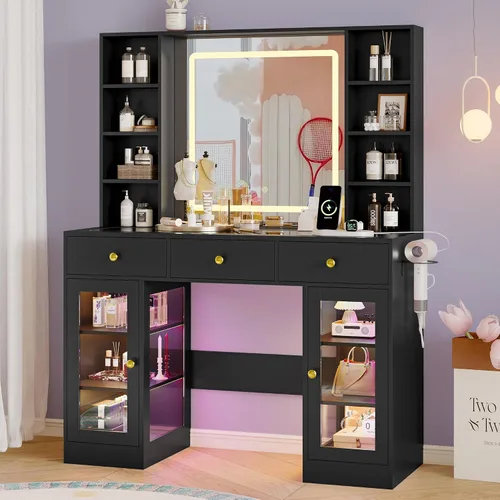 Vista 3 de Escritorio de maquillaje con espejo y luces, tocador negro de 43 pulgadas con parte superior de cristal, almacenamiento de joyas, 3 cajones
