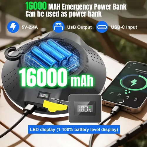 Vista 4 de Linterna LED solar portátil de 16000 mAh, 26000 lm, luz recargable de 150 W con imán, linterna, luces impermeables IPX66 para tienda de campaña