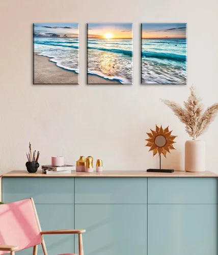 Vista 5 de 3 piezas de decoración del océano, decoración moderna de playa para baño, arte de pared para sala de estar, decoración de playa para el hogar