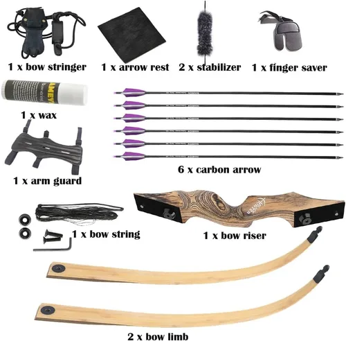 Vista 6 de Juego de arco recurvo y flecha original de 60 pulgadas Black Hunter Takedown de 20 a 60 libras, arco largo de madera tradicional RH&LH para caza