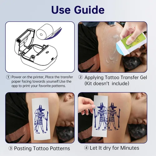 Vista 4 de Impresora de plantillas de tatuajes para principiantes y artistas, con 3 piezas de papel de transferencia de tatuajes, impresora térmica inalámbrica