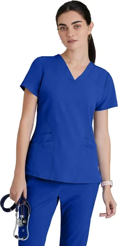 Vista 8 de BARCO ONE - Camiseta médica con cuello en V y 5 bolsillos, elástico de 4 vías, para mujer Índigo (Azul marino)