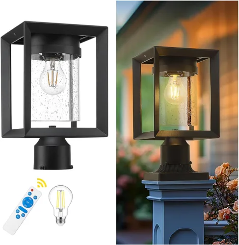 Vista 8 de Emliviar Luces de Poste Accesorio para Exteriores, Farol de Poste de 1 Luz, Acabado Negro, Vidrio Granulado, 2083P BK