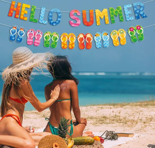 Vista 7 de Cartel de Hello Summer y colorido banner de verano hawaiano tropical playa piscina sandalias guirnalda banner verano vacaciones fiesta cumpleaños