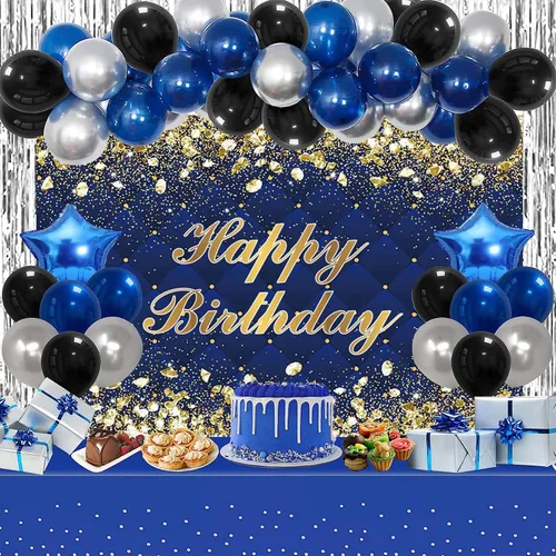 Vista 5 de Renaiss Telón de Fondo Banner de Feliz Cumpleaños de 5x3 pies Diamantes Reales Dorado Azul Fondo de Fotografía para Hombres Mujeres Fiesta