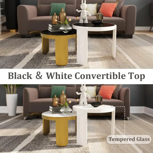 Vista 5 de ACEDÉCOR Mesa auxiliar anidable 4 en 1, moderna mesa central redonda con parte superior de vidrio templado convertible, mesa auxiliar apilable