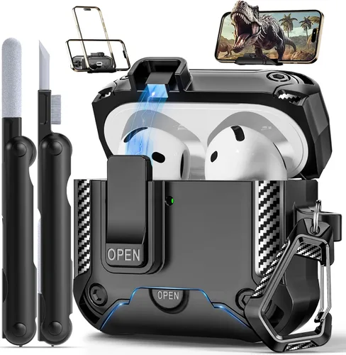 Vista 24 de Funda para AirPods Pro de 2ª Generación con Soporte para Teléfono, Protección Completa contra Caídas con Diseño de Interruptor Automático a Presión
