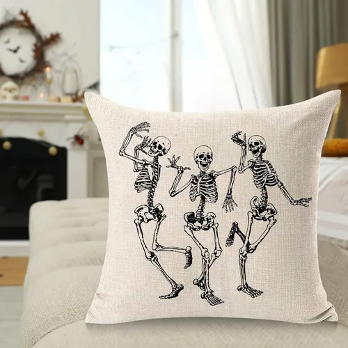 Vista 4 de Funda de almohada con diseño de calavera de Halloween, decoración del hogar, lino y algodón, funda de cojín de 18 x 18 pulgadas / 45.72 x 45.72 cm.
