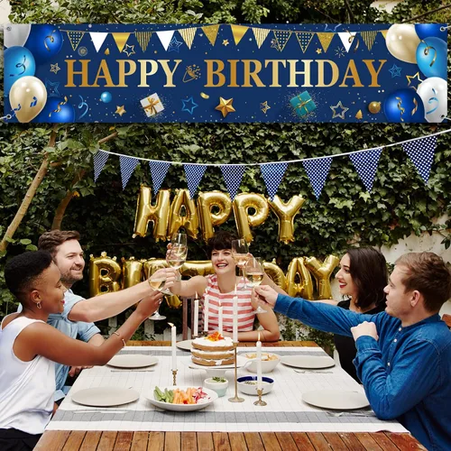 Vista 7 de Cartel de patio para regalos de feliz cumpleaños, pancartas grandes de cumpleaños para decoraciones exteriores, telón de fondo para hombres y Dorado