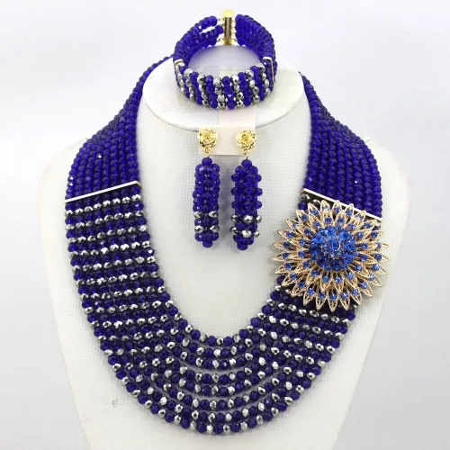 Vista 2 de Africanbeads 8Rows Royal Blue Crystal Beads Necklace,Crystal Jewelry Set,Wedding Gift,Bridesmaid Necklace