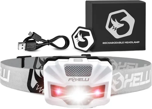 Vista 13 de Foxelli Linterna frontal LED recargable USB‑C – Ultraligero 2.4 oz y brillante 180 lúmenes – Luz roja/blanca, 5 modos, IPX5 impermeable, 40 horas