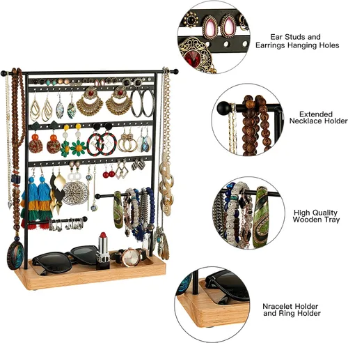 Vista 3 de Bielebbi Organizador de aretes, soporte para pendientes y soporte para joyas con soporte para collar de 4 niveles, bandeja de madera adecuada