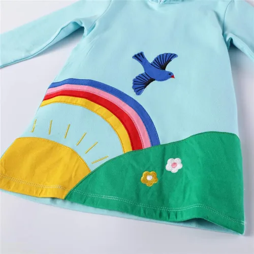 Vista 3 de HILEELANG Vestido con capucha para niñas, de forro polar, manga larga, de algodón, casual, con capucha, bolsillo canguro, para invierno, de 2 a 12