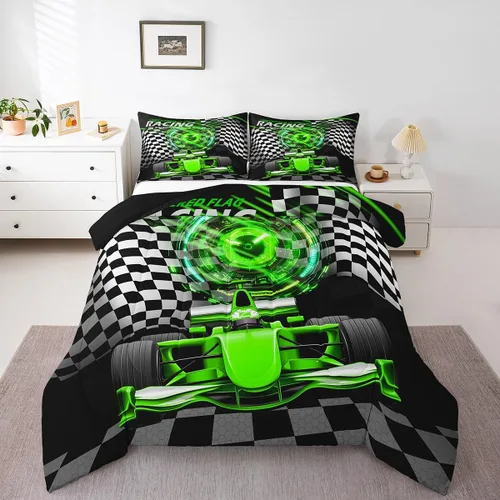 Vista 13 de Feelyou Juego de edredón azul de carreras para niños, juego de ropa de cama de coche deportivo para niños y niños, edredón deportivo geométrico a