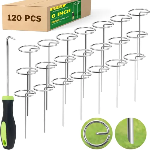 Vista 8 de Grapas de jardín resistentes de 6 pulgadas, paquete de 40 estacas de acero galvanizado de calibre 8 con parte superior circular, grapas